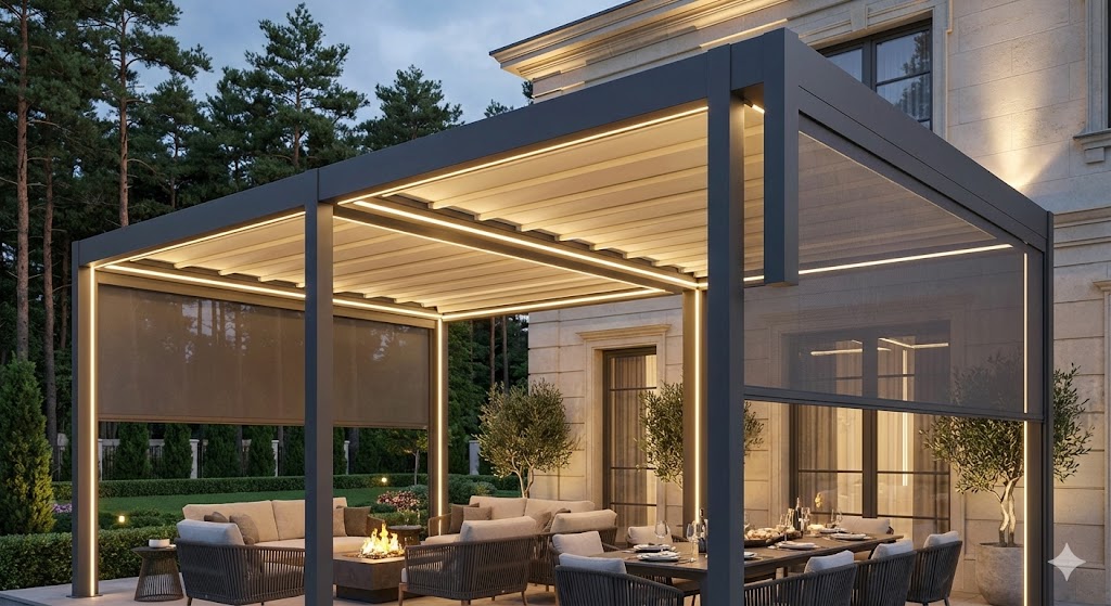 Luksusowy taras w Konstancinie – jak zaplanować nastrojowe oświetlenie i osłony boczne w pergoli materiałowej.